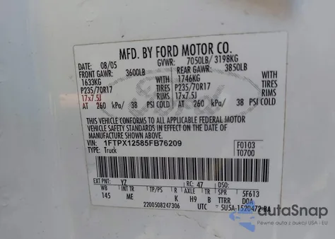 2005 Ford F150 из США, поврежденный, VIN 1FTPX12585FB76209